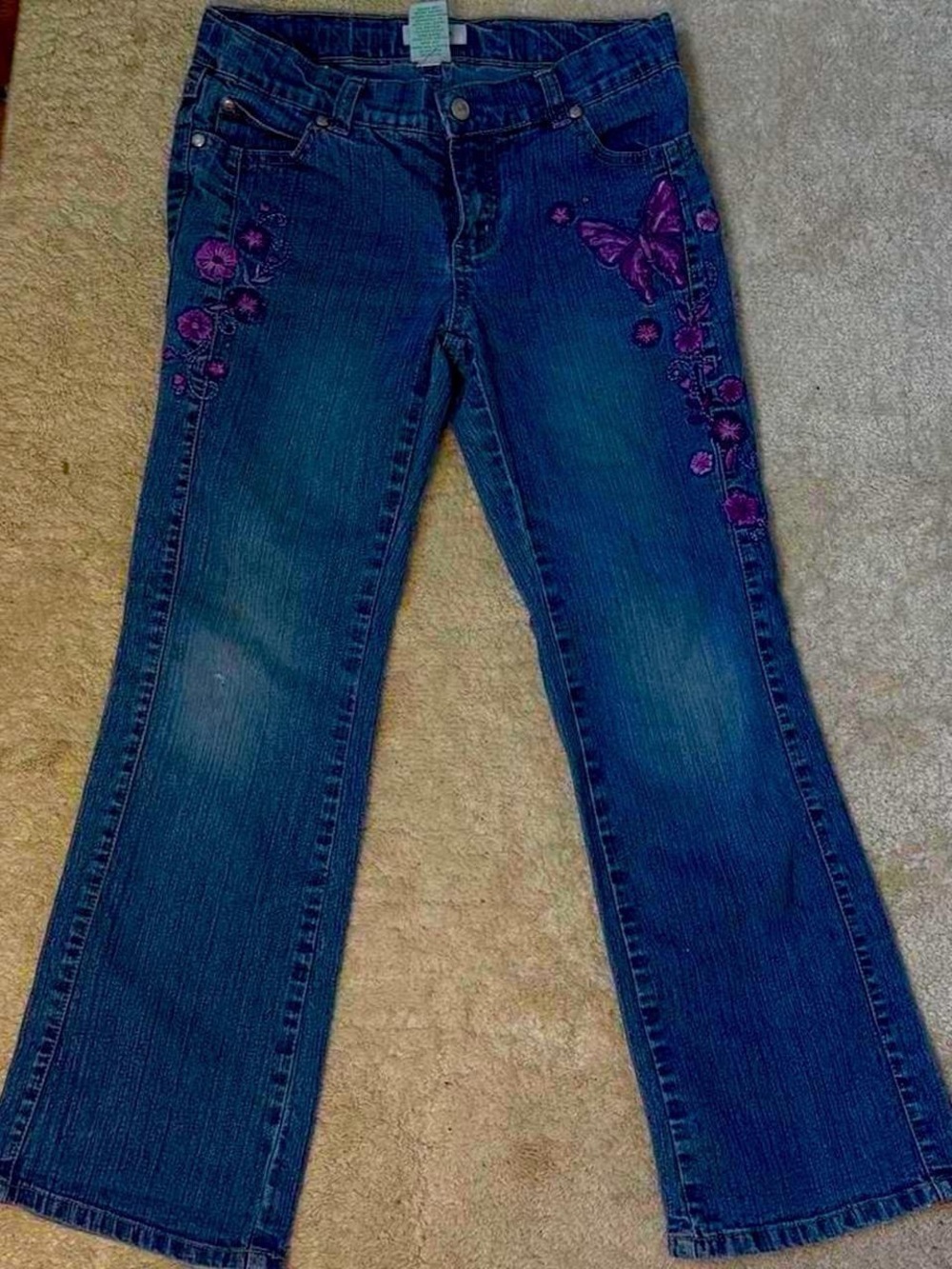 Y2k low rise capri flare jeans with purple butterfly and flower embroidery